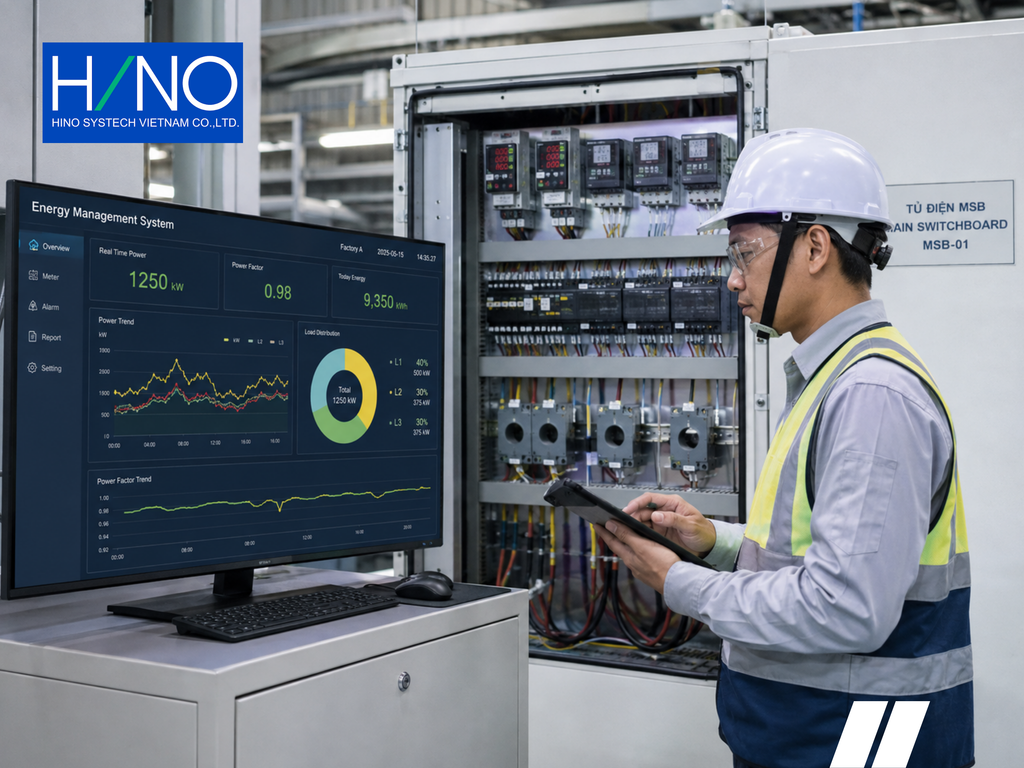 Hệ thống quản lý điện năng EMS giám sát chi phí điện và chỉ số công suất tại trung tâm điều hành nhà máy do Hino Systech triển khai